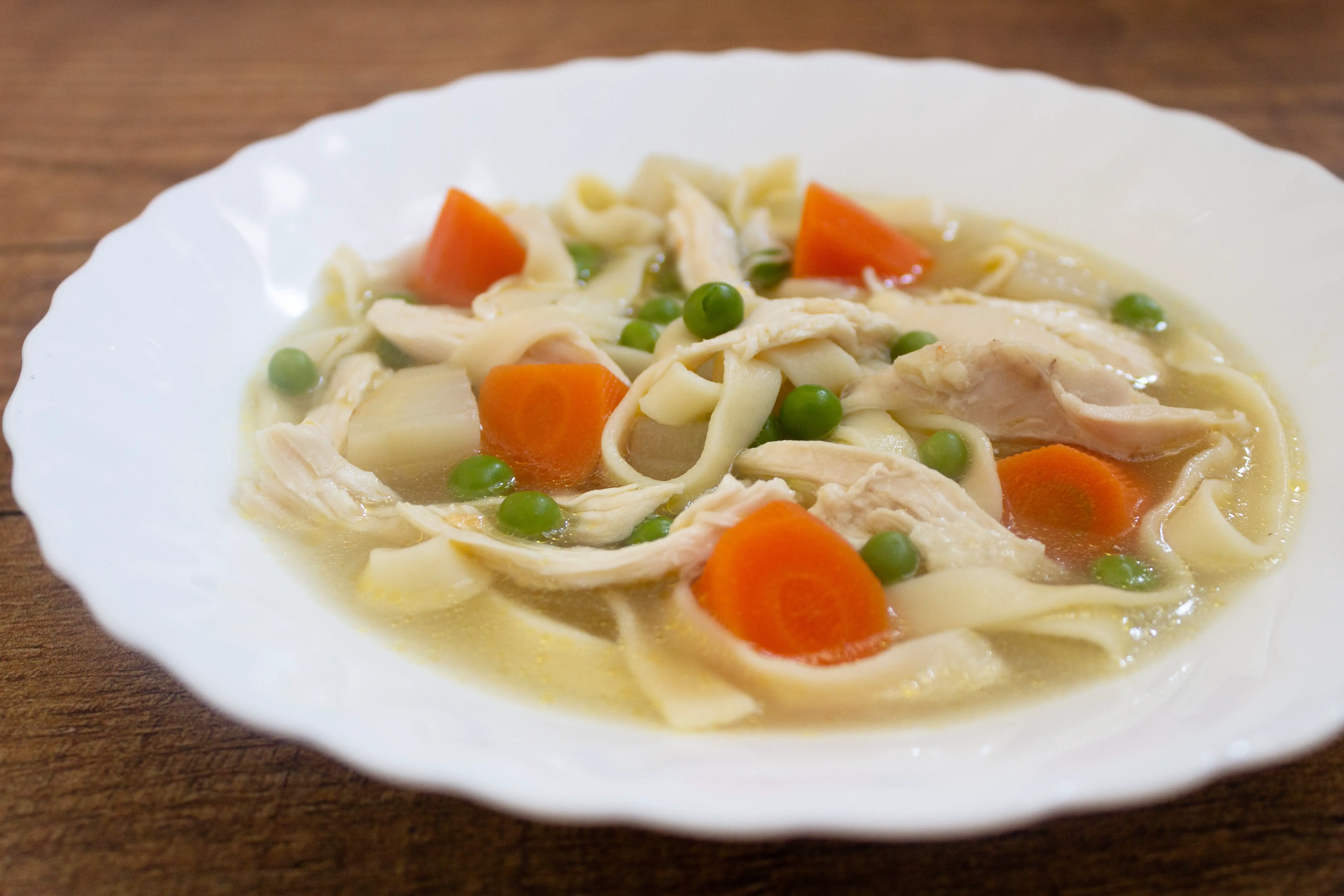 Chicken Noodle Soup With Peas, Carrots, and Parsley Roots (‘Hühnersuppe mit Nudeln und Gemüseeinlage’)