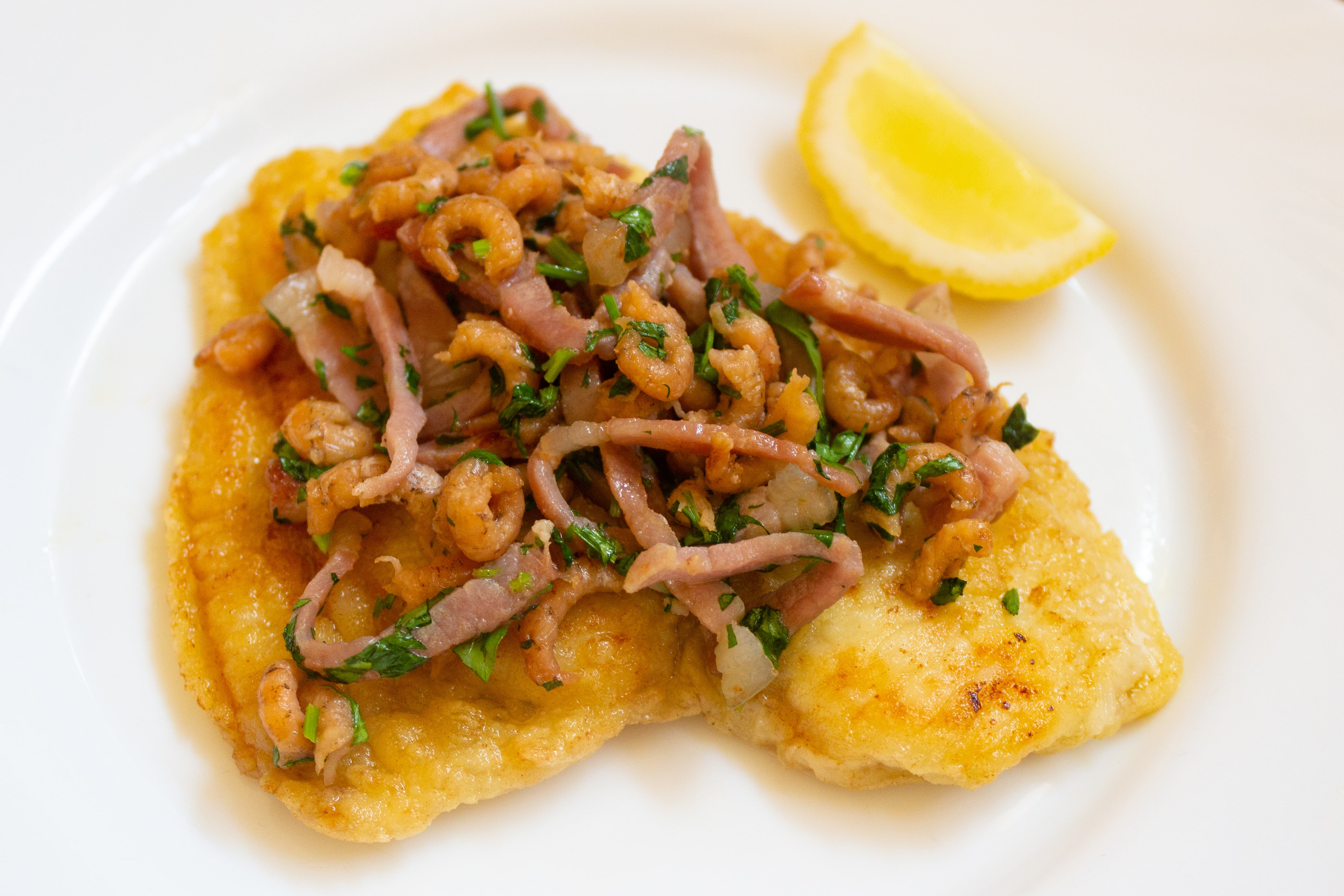 European plaice with North Sea shrimps and ham