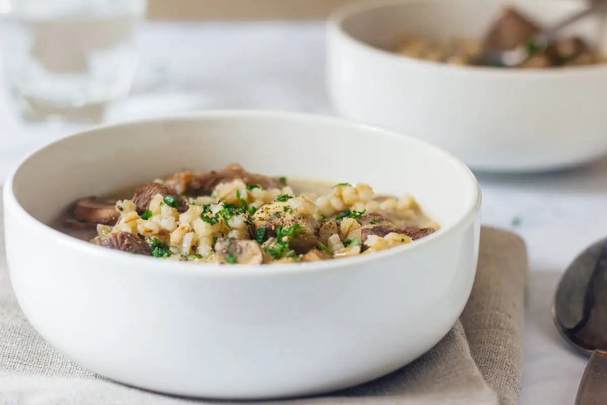 Barley Soup with Mushrooms and Beef ('Graupeneintopf mit Pilzen und Siedfleisch')