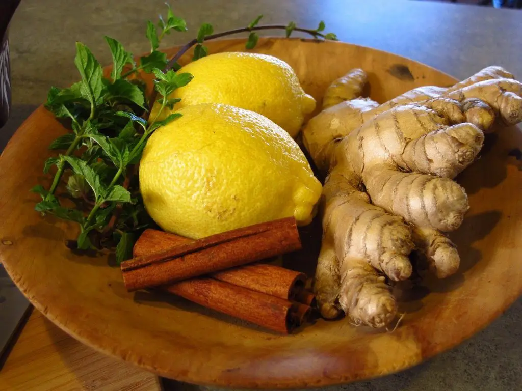 Ginger, lemon, mint, and cinnamon on a plate.